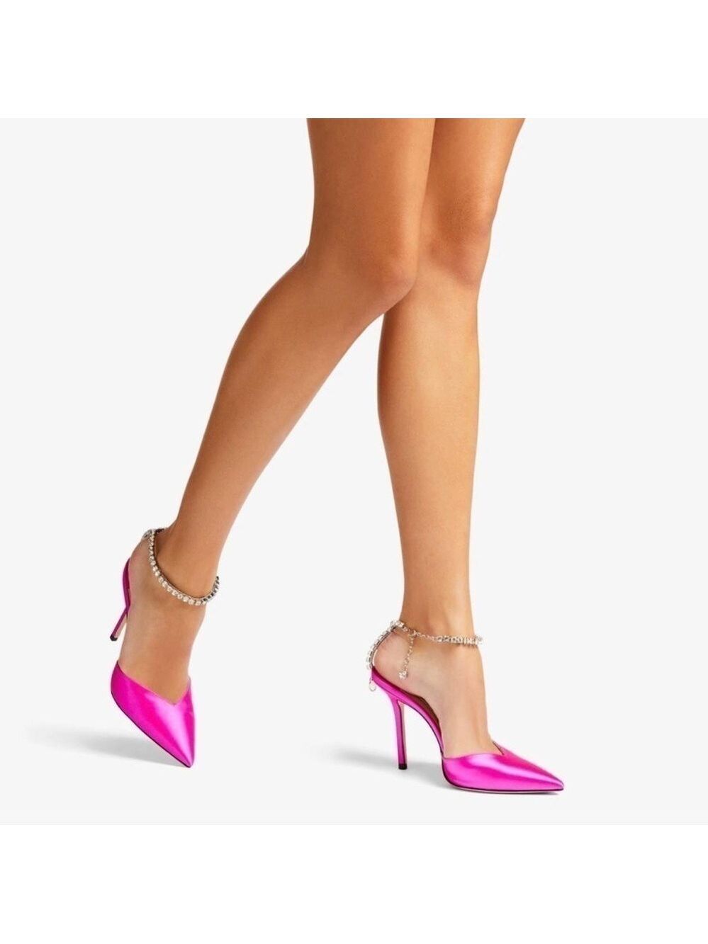 Jimmy Choo Saeda 100mm Ankle Strap Pumps in Fuschia Satin with Crystal Chain